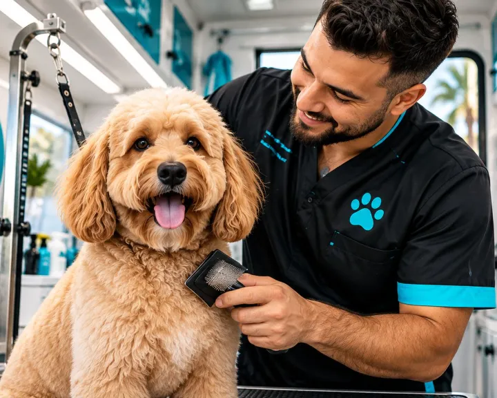 Smiling groomer brushing a golden doodle on the grooming table inside a fully equipped mobile grooming van