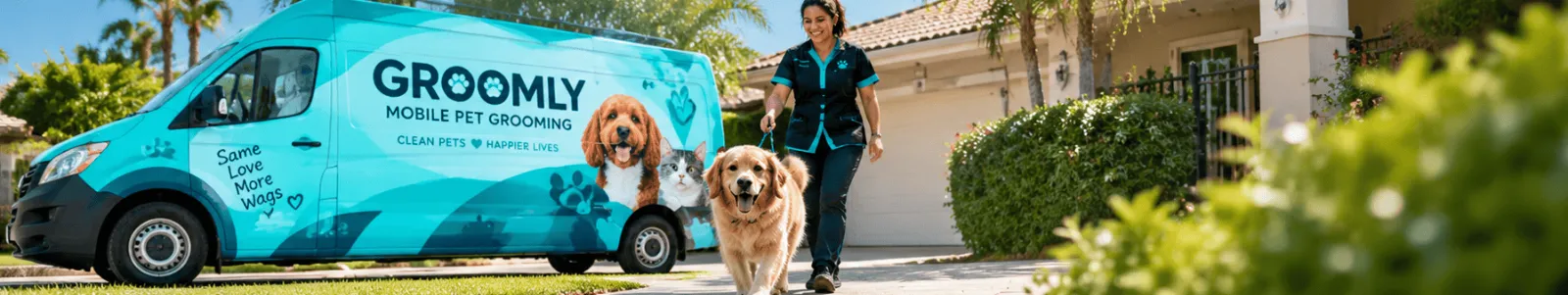 Groomly mobile dog grooming van parked at a home while a groomer walks a golden retriever
